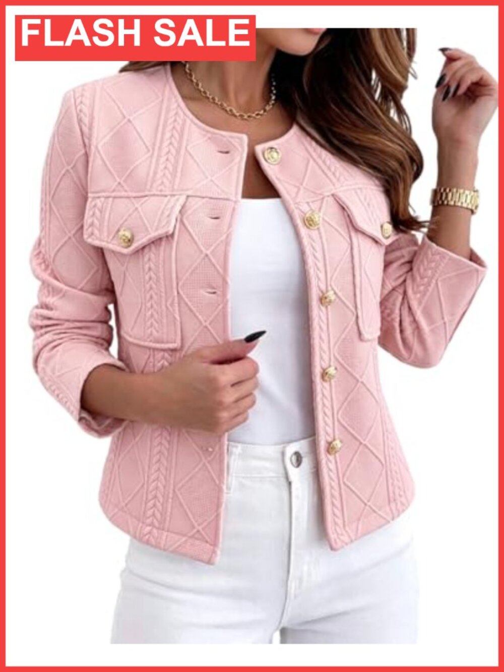 Cropped Argyle Cable Knit Jacket Lightweight French Style Gold-Tone Buttons